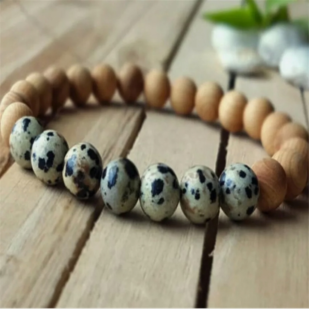8mm Spotted Stone Sandalwood Chakra Yoga Bracelet Mala Reiki D9B2-B